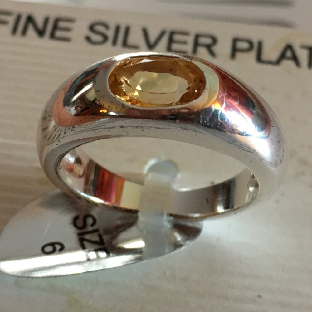 Marsala Silver Plated Ring, with Yellow Crystal Citrine Center Stone, Size 6 New